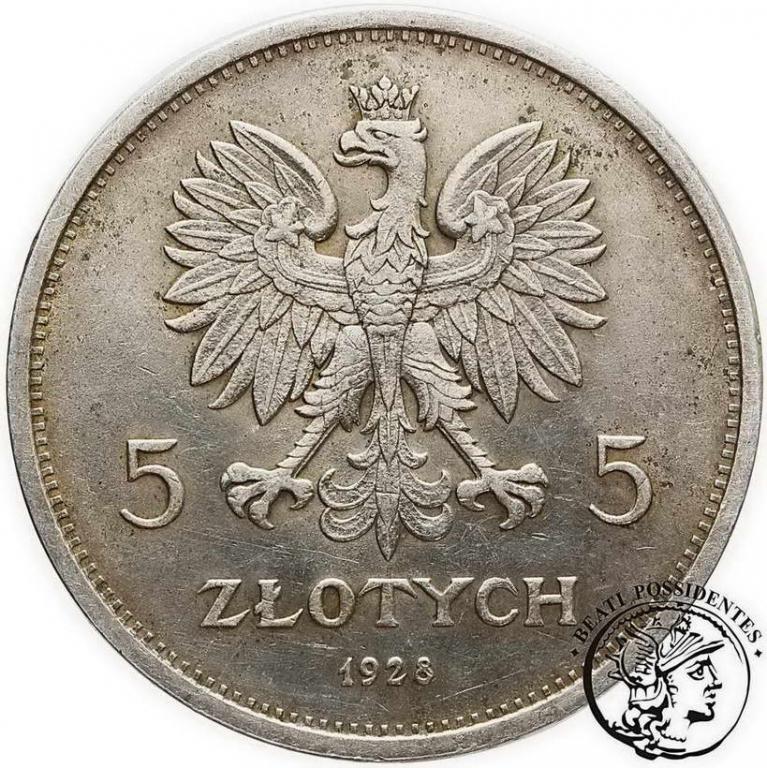 Polska 5 złotych 1928 Nike znak menn st. 3+