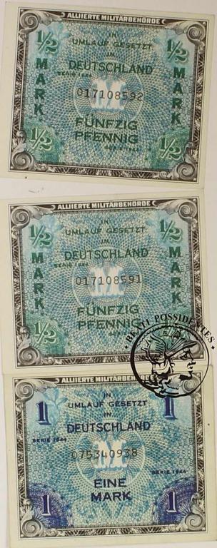 Niemcy 1 marka, 2x 50 Jenigów 1944 st. 1-