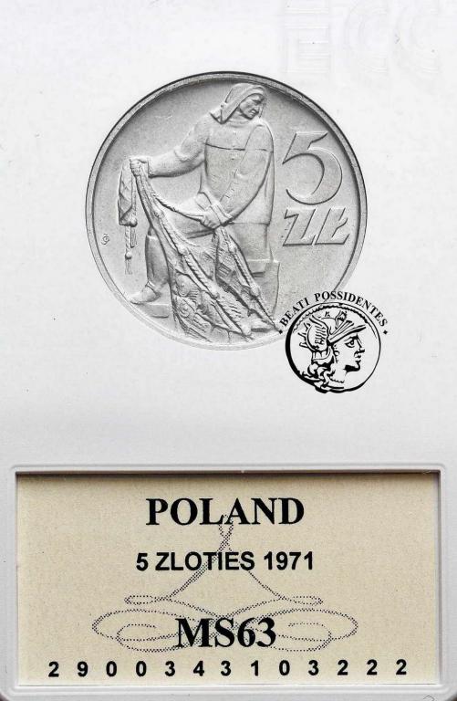 Polska PRL 5 złotych 1971 rybak GCN MS63
