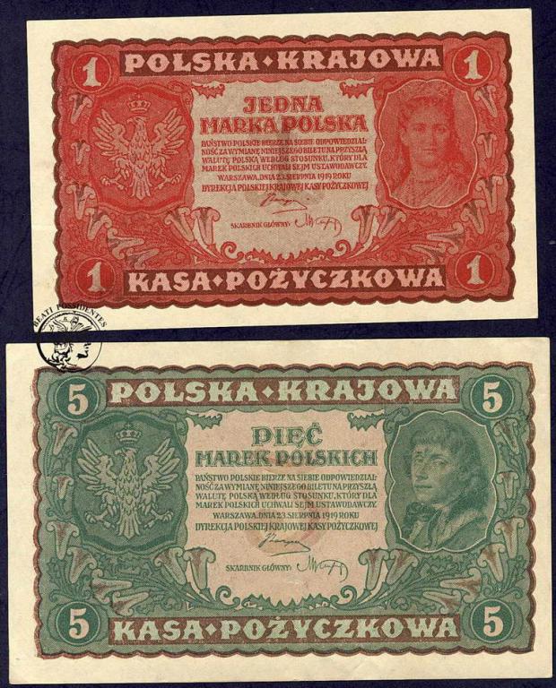 Polska 1 + 5 marki polskie 1919 lot 2 szt. st.1