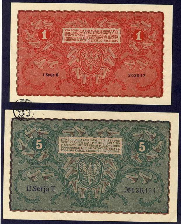 Polska 1 + 5 marki polskie 1919 lot 2 szt. st.1