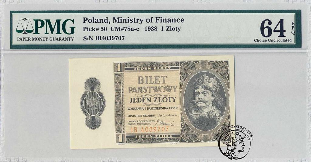 Polska 1 złoty 1938 seria IB PMG64