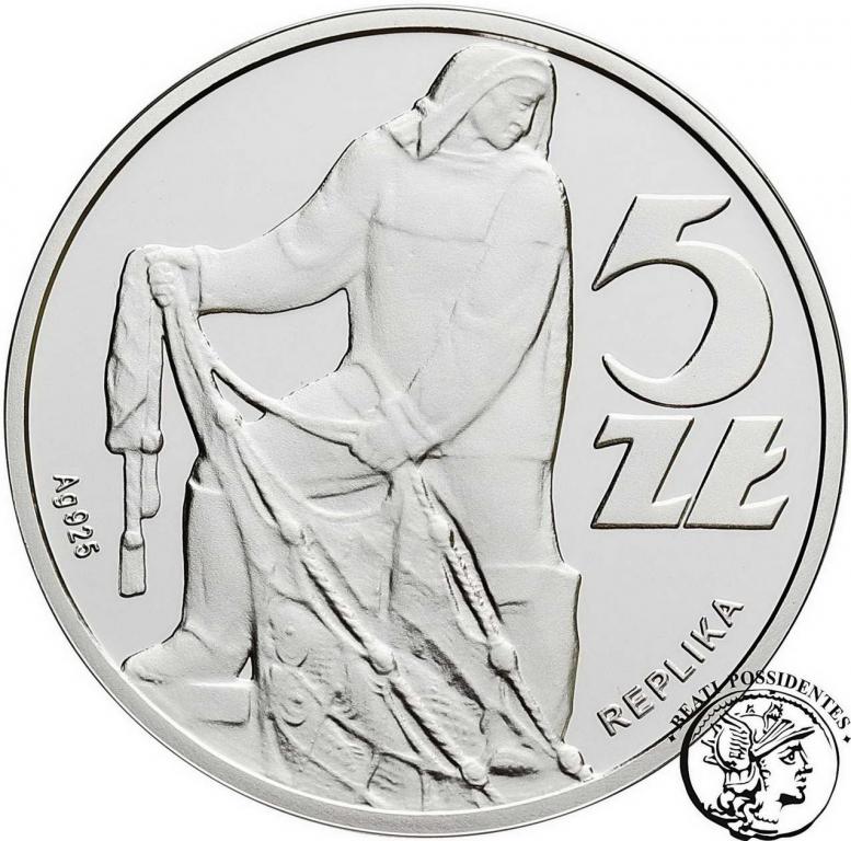 REPLIKA 5 złotych 1958 Rybak srebro Ag .925 st.L