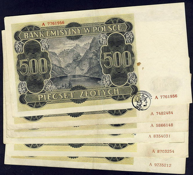 Polska 6 x 500 złotych 1940 Góral seria A st.3/3-
