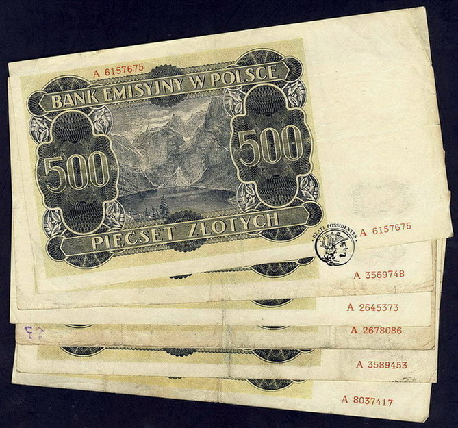 Polska 6 x 500 złotych 1940 Góral seria A st. 3-/4