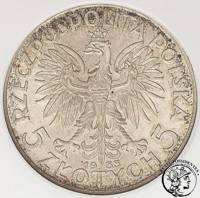 Polska 5 złotych 1933 głowa kobiety NGC MS63