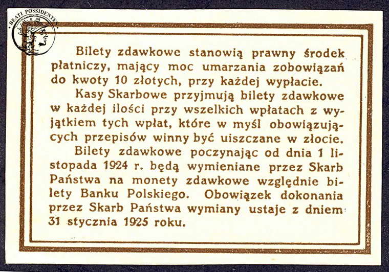 Polska bilet zdwawkowy 10 groszy 1924 st. 1