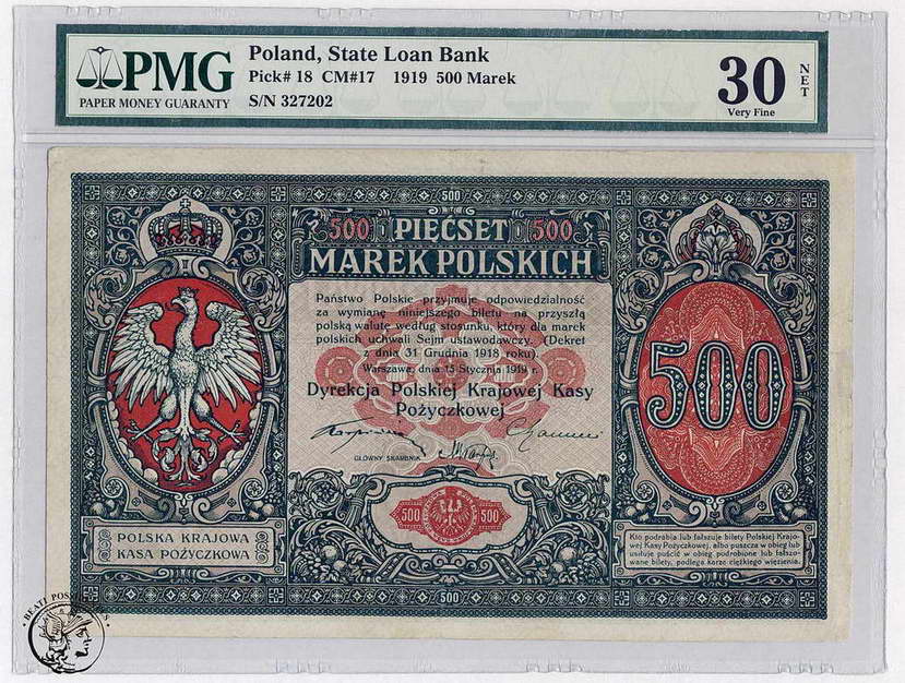 Polska 500 marek polskich 1919 PMG 30