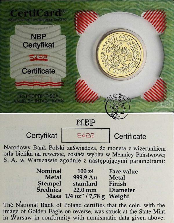 Polska 100 zł 1998 Bielik złoto 1/4 uncji st. L