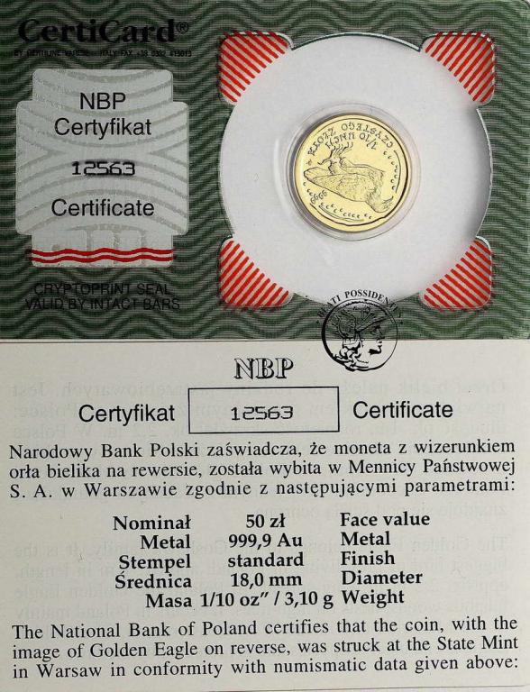 Polska 50 zł 2004 Bielik złoto 1/10 uncji st. L