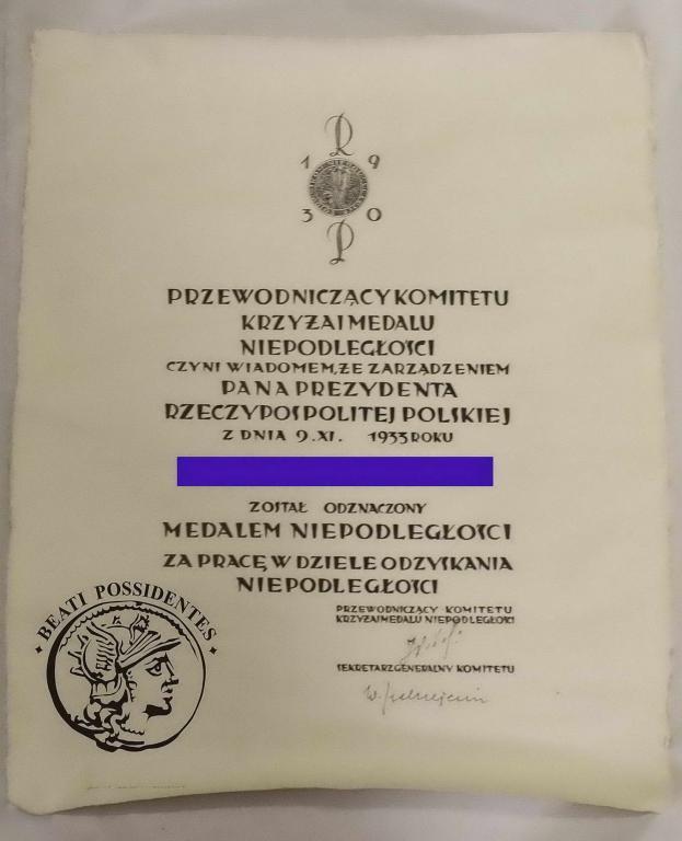 Dyplom nadania Medal Niepodległości
