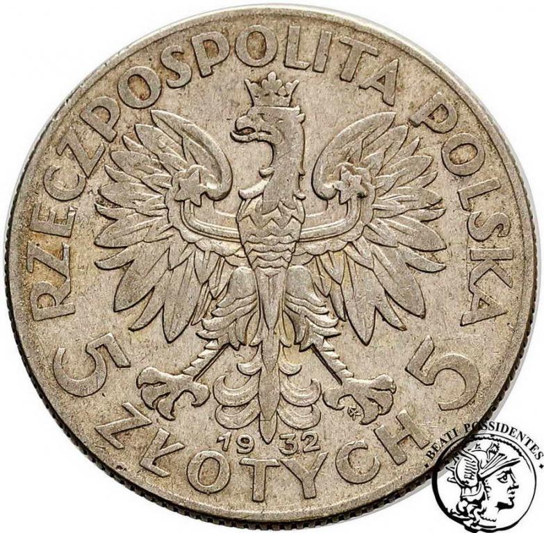 Polska 5 złotych 1932 głowa kobiety ZNAK st. 3