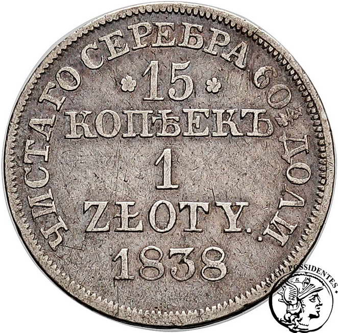 Polska 15 kopiejek=1 złoty 1838 MW Mikołaj I st.3+
