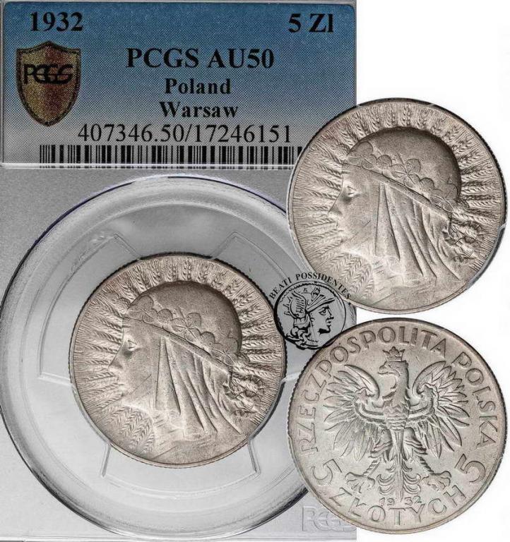 Polska II RP 5 złotych 1932 ze znakiem PCGS AU50