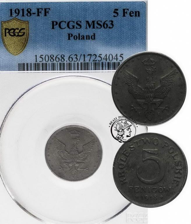 Królestwo Polskie 5 fenigów 1918 PCGS MS63
