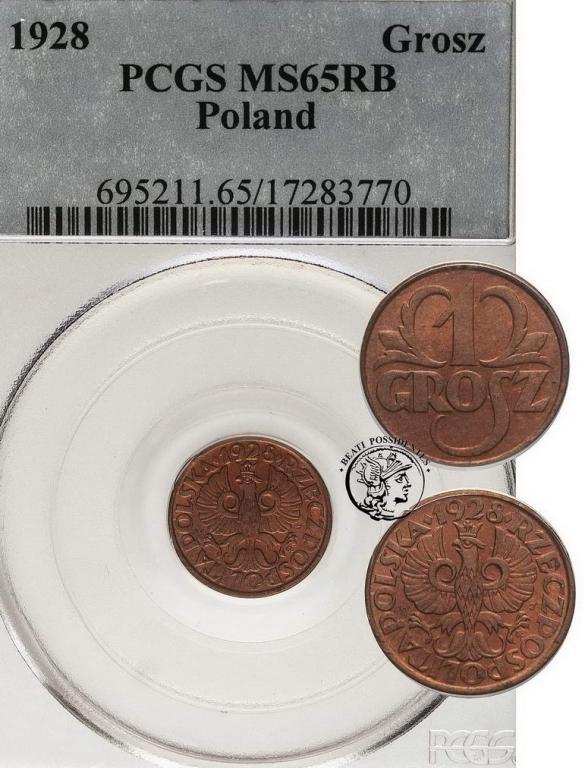 Polska II RP 1 grosz 1928 PCGS MS65 RB