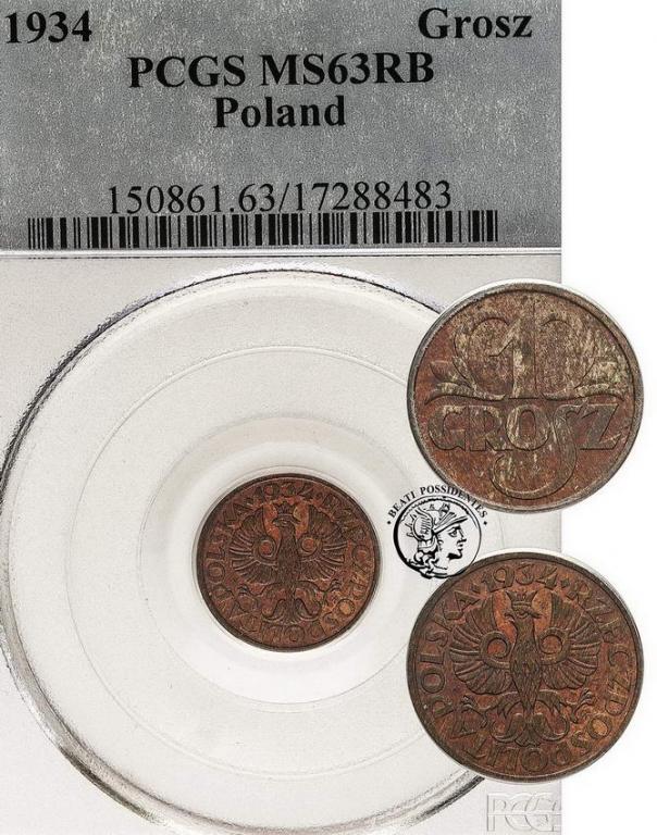Polska II RP 1 grosz 1934 PCGS MS63 RB
