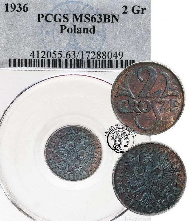 Polska II RP 2 grosze 1936 PCGS MS63 BN