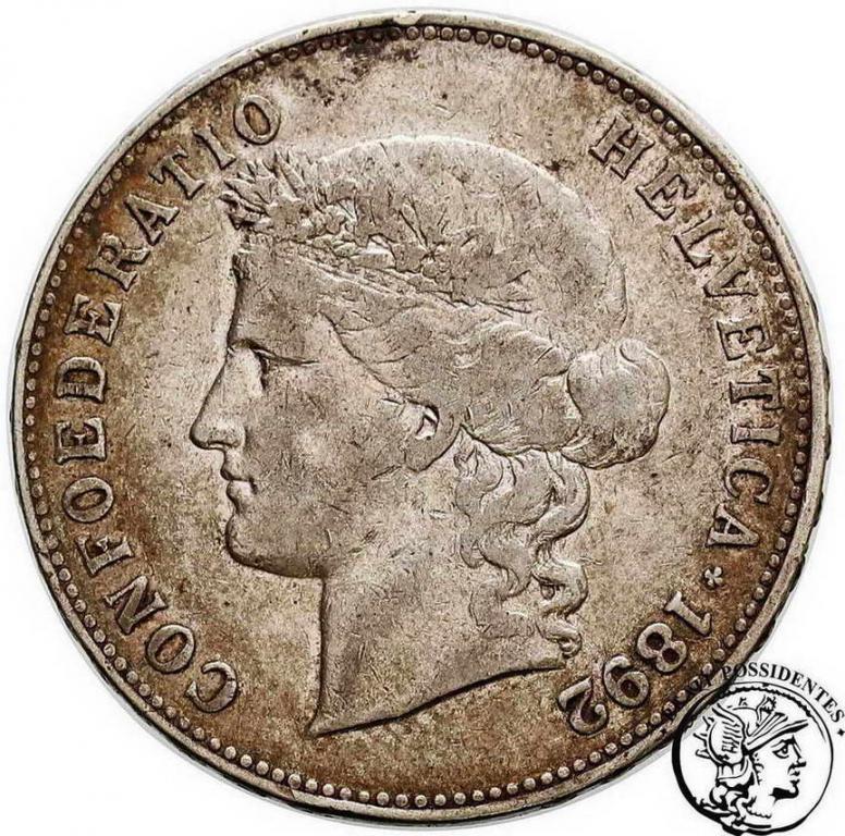 Szwajcaria 5 Franków 1892 B Helvetia st.3+
