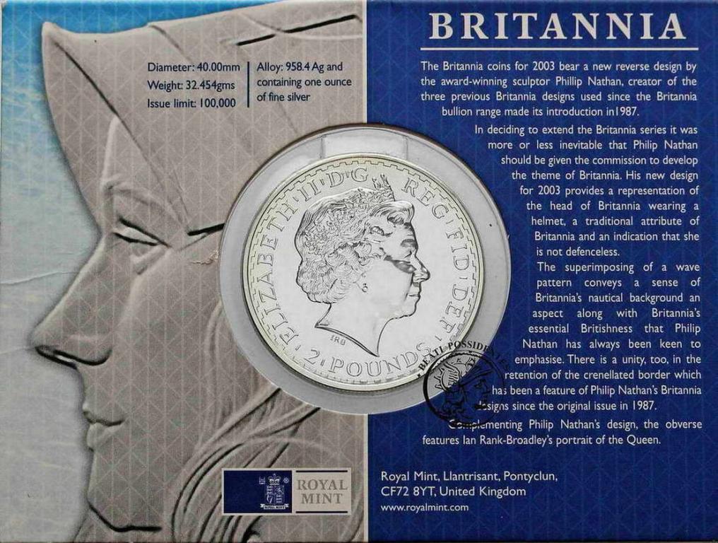 Wielka Brytania 2 Funty 2003 Britannia 1 oz Ag st1