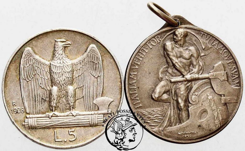 Włochy 5 Lirów 1928 + medalik Mussolini st.2/2-
