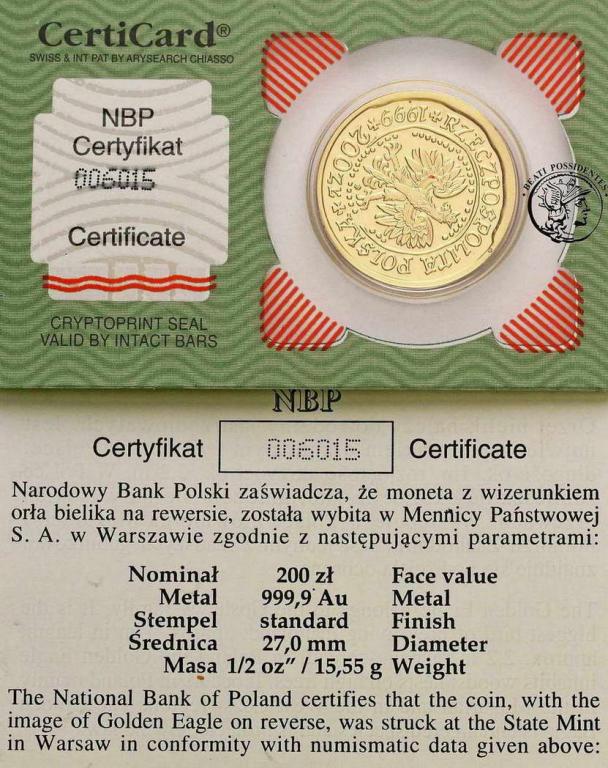 Polska III RP 200 złotych 1999 Orzeł Bielik st.1