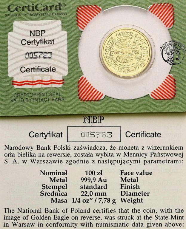 Polska III RP 100 złotych 1999 Orzeł Bielik st.1