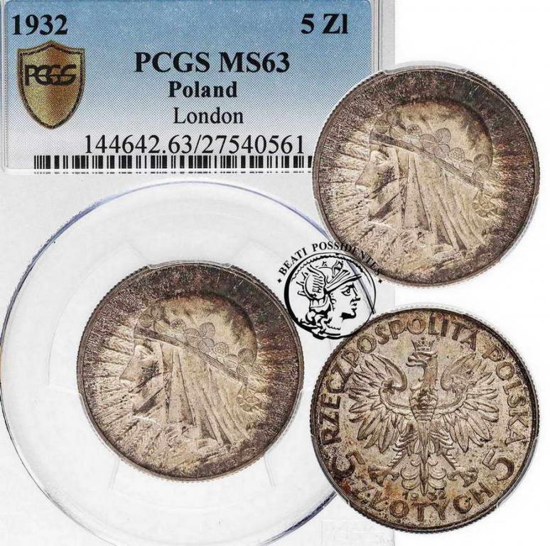 5 złotych 1932 bez znaku głowa kobiety PCGS MS63