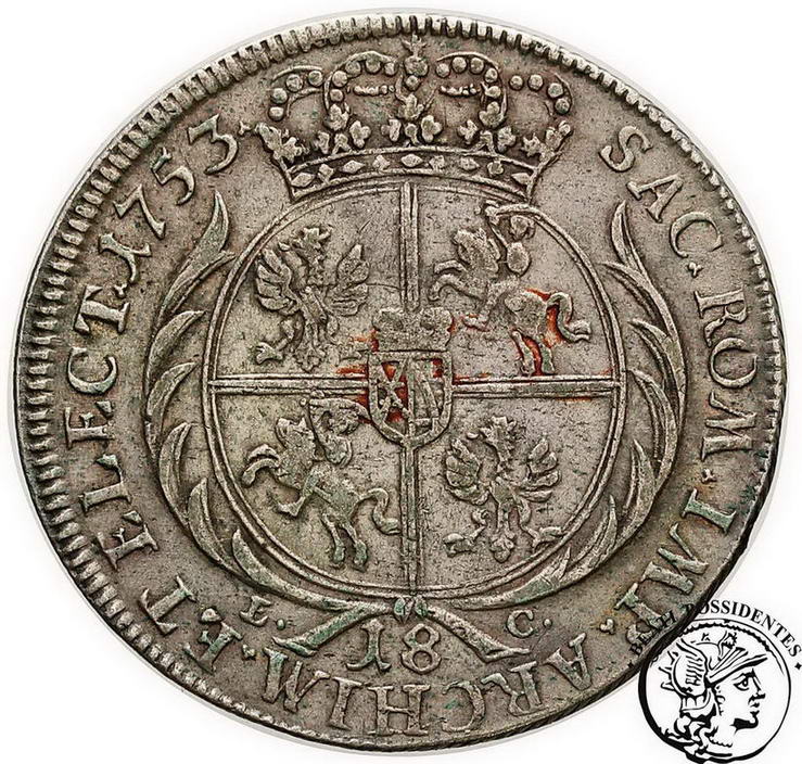 Polska August III Sas ort koronny 1753 st.3+