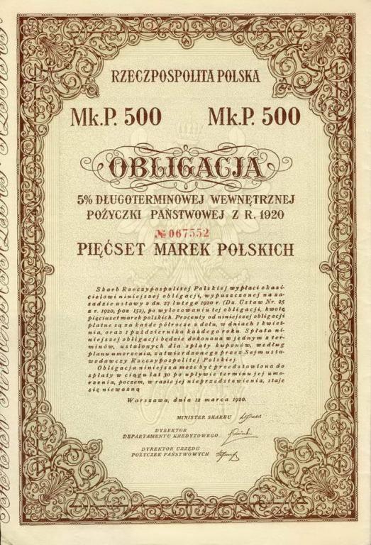 Obligacja 500 marek polskich 1920 stan dobry