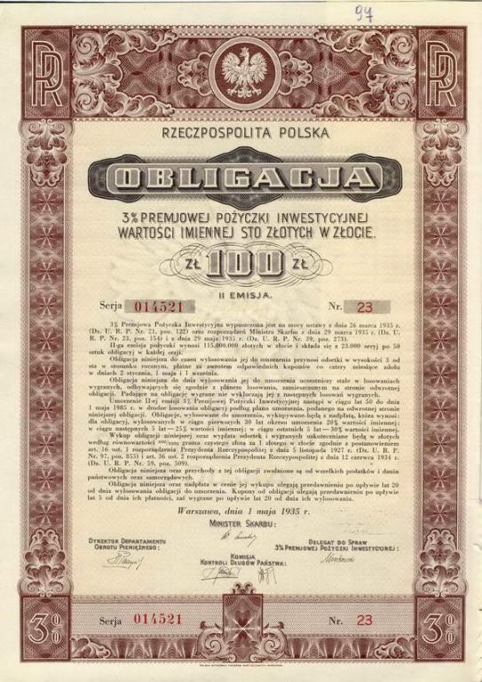 Obligacja 100 złotych 1935 lot 2 szt. stan dobry