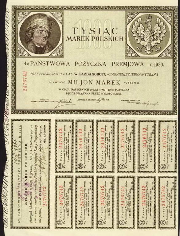 Obligacja 1000 marek polskich 1920 stan dobry
