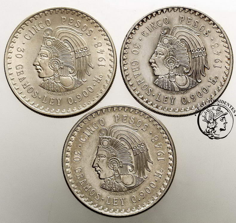 Meksyk 5 Pesos 1948 SREBRO lot 3 szt st. 3/3+