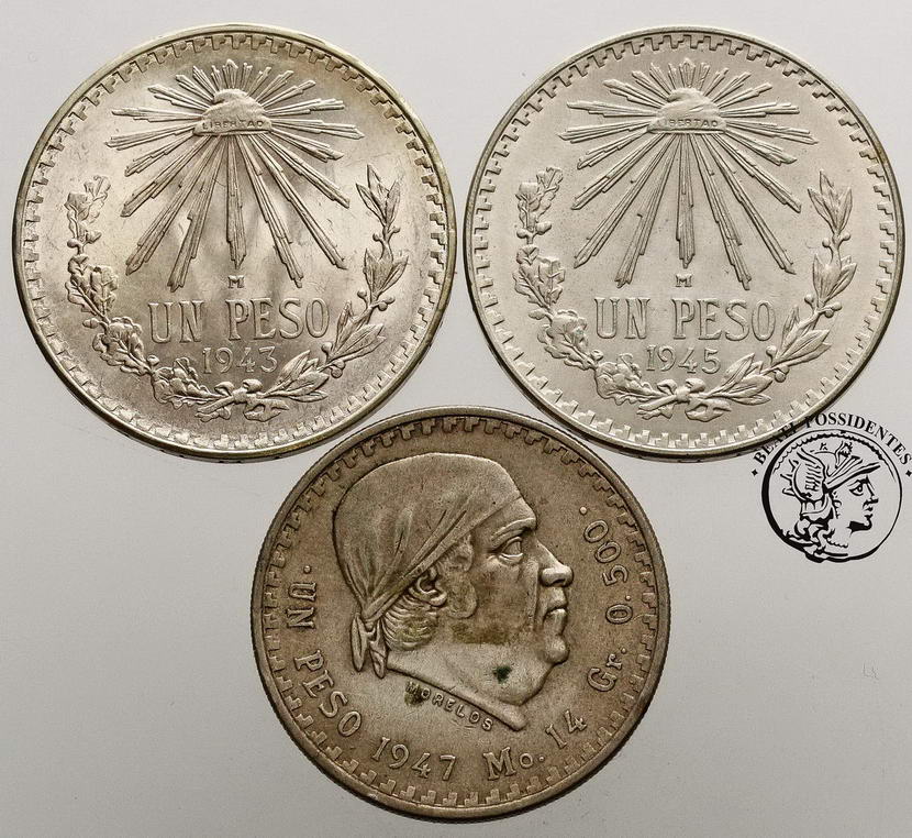 Meksyk 1 Peso 1943-1947 SREBRO lot szt 3 st.2/3