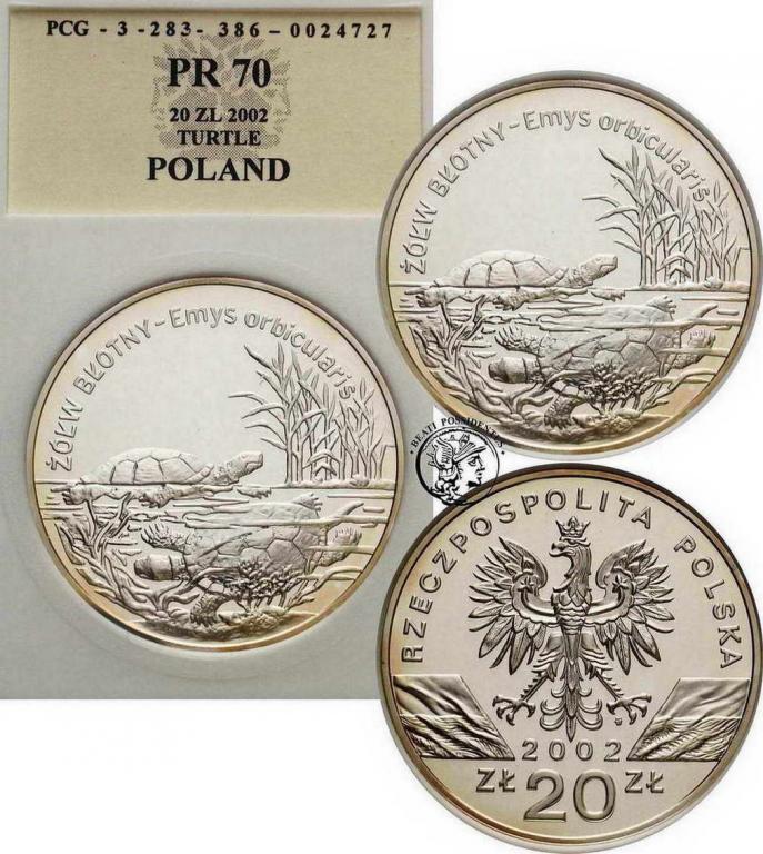 Polska III RP 20 złotych 2002 żółw PCG PR70