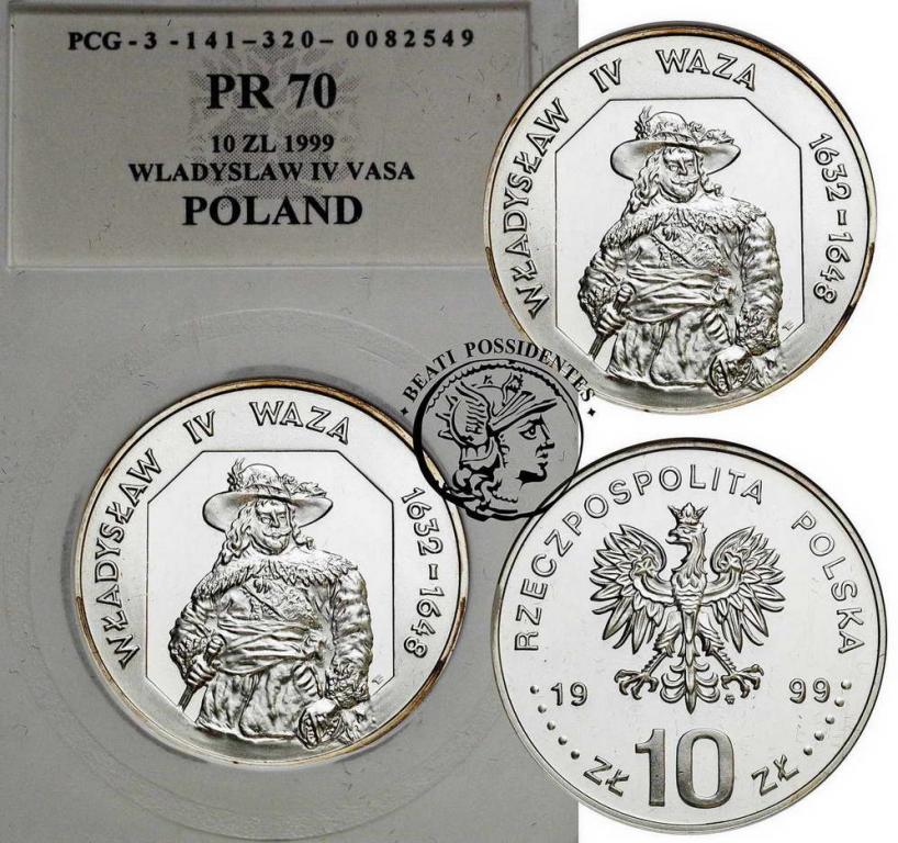 10 złotych 1999 Władysław IV Waza półp. PMG PR70