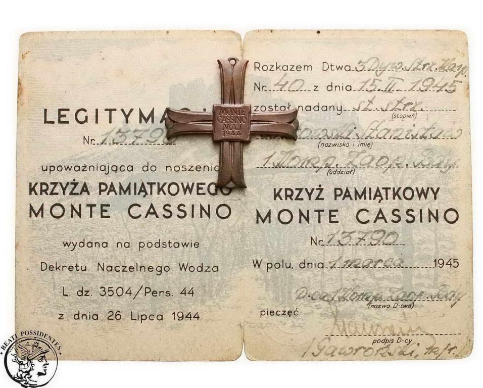Krzyż Monte Cassino wraz z legitymacją