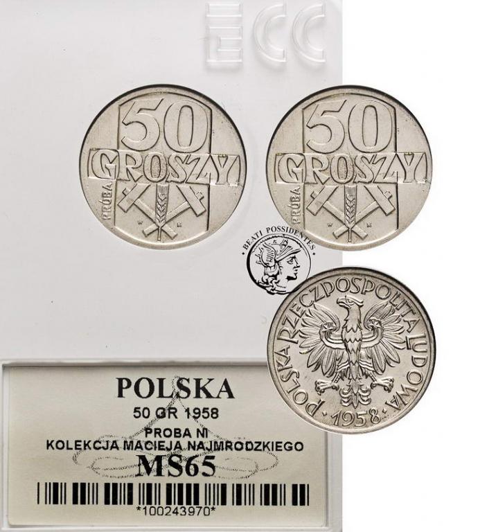 Polska PRÓBA 50 groszy 1958 Niliel GCN MS65