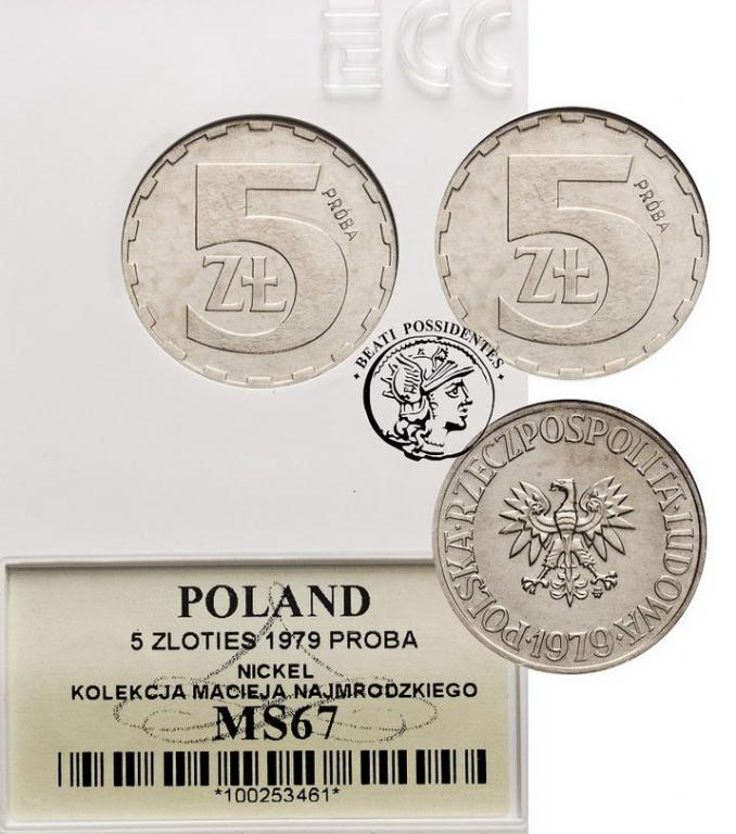 Polska PRÓBA 5 złotych 1979 Nikiel GCN MS67