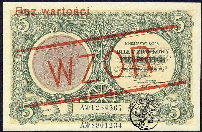 Polska WZÓR 5 złotych 1925 st. 1-