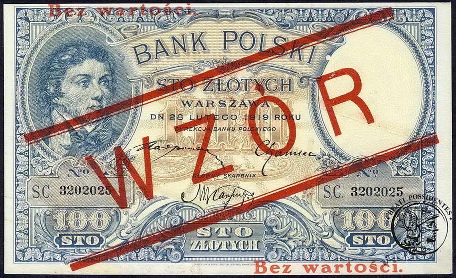 Polska WZÓR 100 złotych 1919 st. 1-