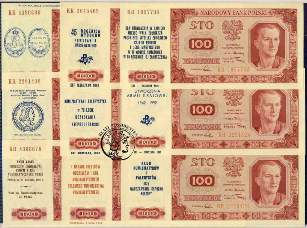 Polska 100 złotych 1948 z nadrukiem lot 9 szt st1