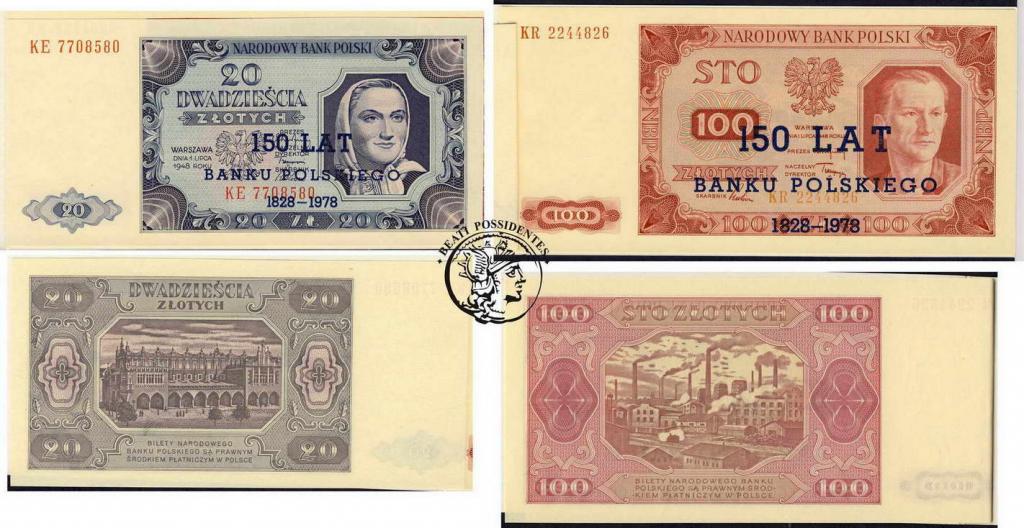 Polska 20 + 100 złotych 1948 nadruk