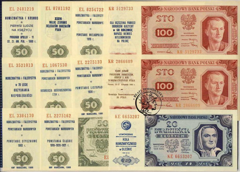 20-100 złotych 1948 nadruki różne lot 11 szt. st.1
