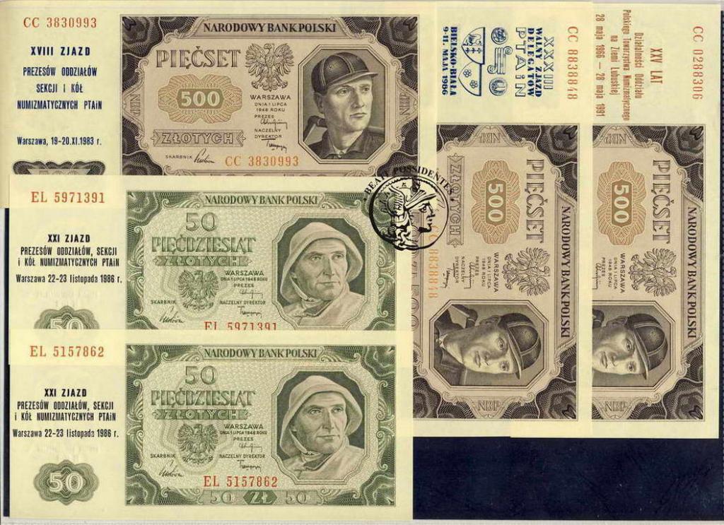 50 + 500 złotych 1948 nadruki różne lot 5 szt. st1