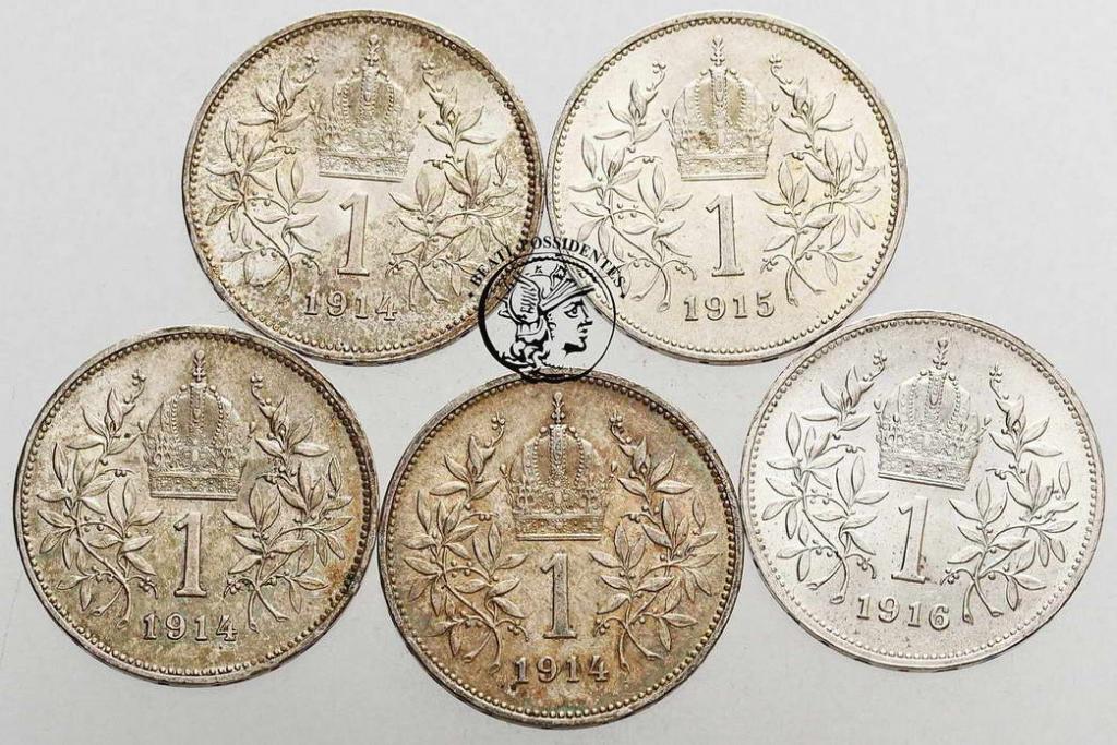 Austria 1 korona 1914-16 F.Józef I lot 5 szt. st.3