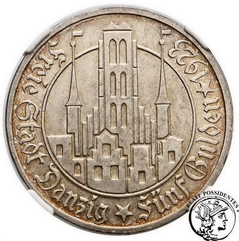 Wolne Miasto Gdańsk 5 Guldenów 1923 NGC AU58