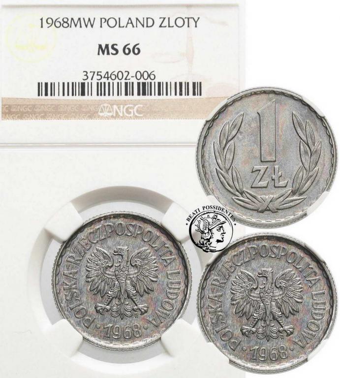 Polska PRL 1 złoty 1968 Al NGC MS66