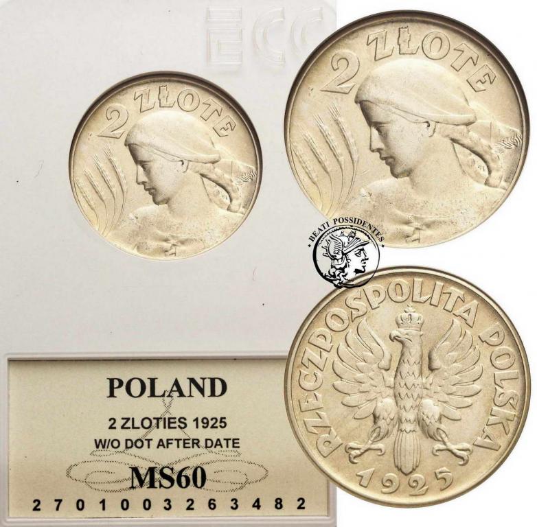 Polska II RP 2 złote 1925 bez kropki GCN MS60