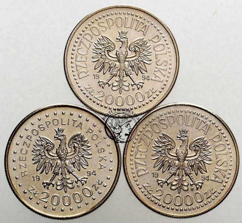 Polska III RP 3 sztuki 20 000 złotych 1994 st.1/1-